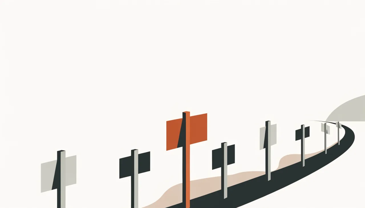 Fileira de placas de sinalização de alturas variadas acompanhando a curva de uma via